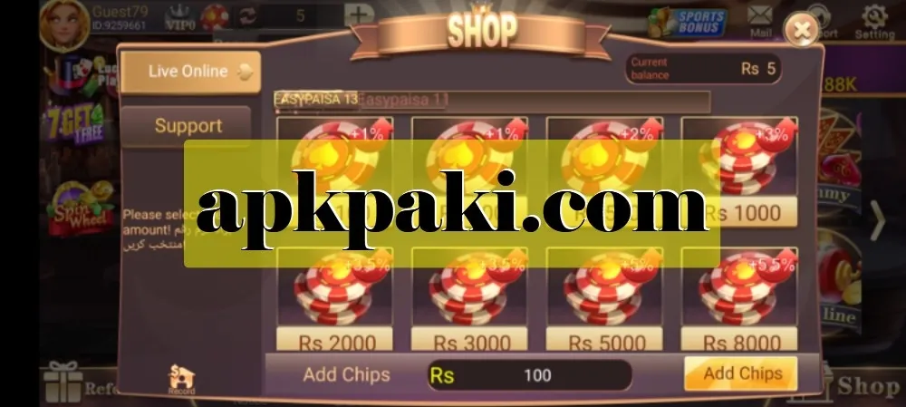 Cashier screen with deposit options (Easypaisa, JazzCash) and balance.