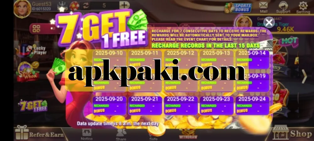 7 GET 1 FREE recharge calendar popup showing daily recharge rewards