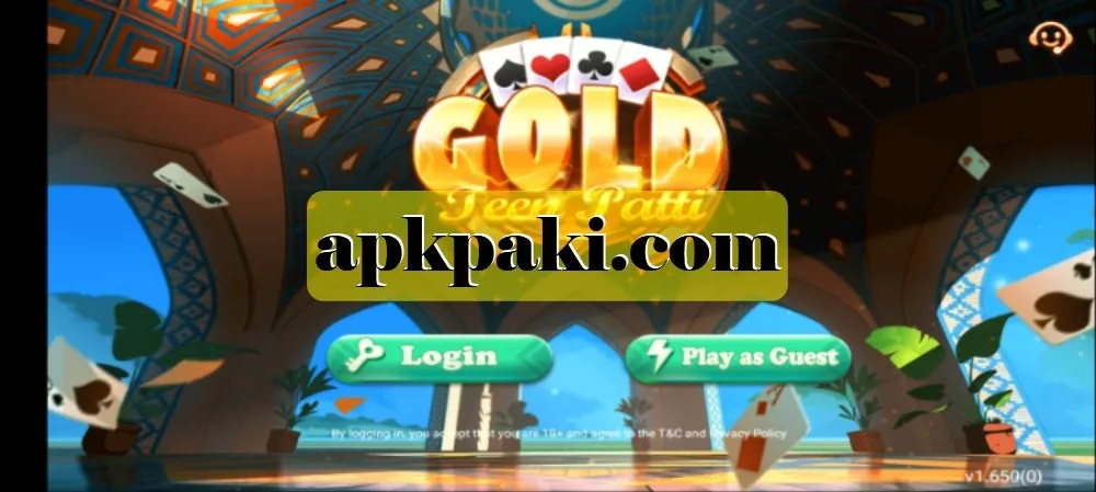 Teen Patti Gold splash screen showing GOLD logo, “Login” and “Play as Guest” buttons with playing cards in background