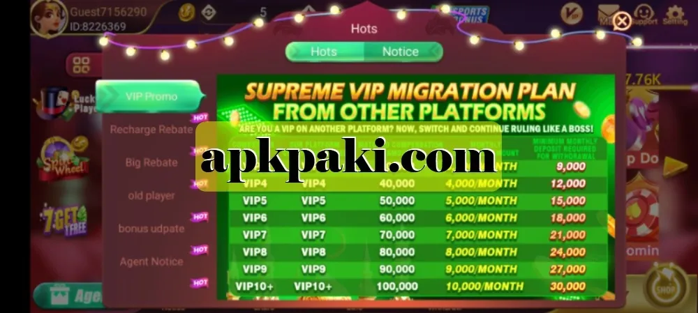 Teen Patti Gold VIP migration/promo popup with VIP tiers and monthly rewards table