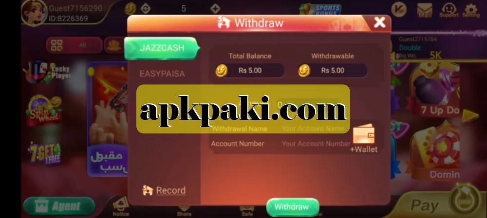 Teen Patti Gold withdraw/wallet screen showing payment methods (JazzCash, Easypaisa) and withdraw button
