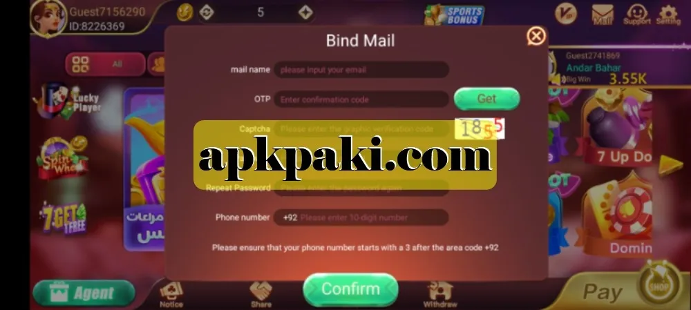 Teen Patti Gold “Bind Mail” screen prompting email, OTP, phone number and confirm button